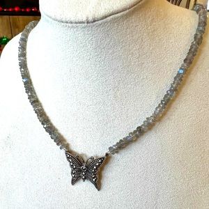 Labradorite Beaded Necklace With Sterling Butterfly Centerpiece